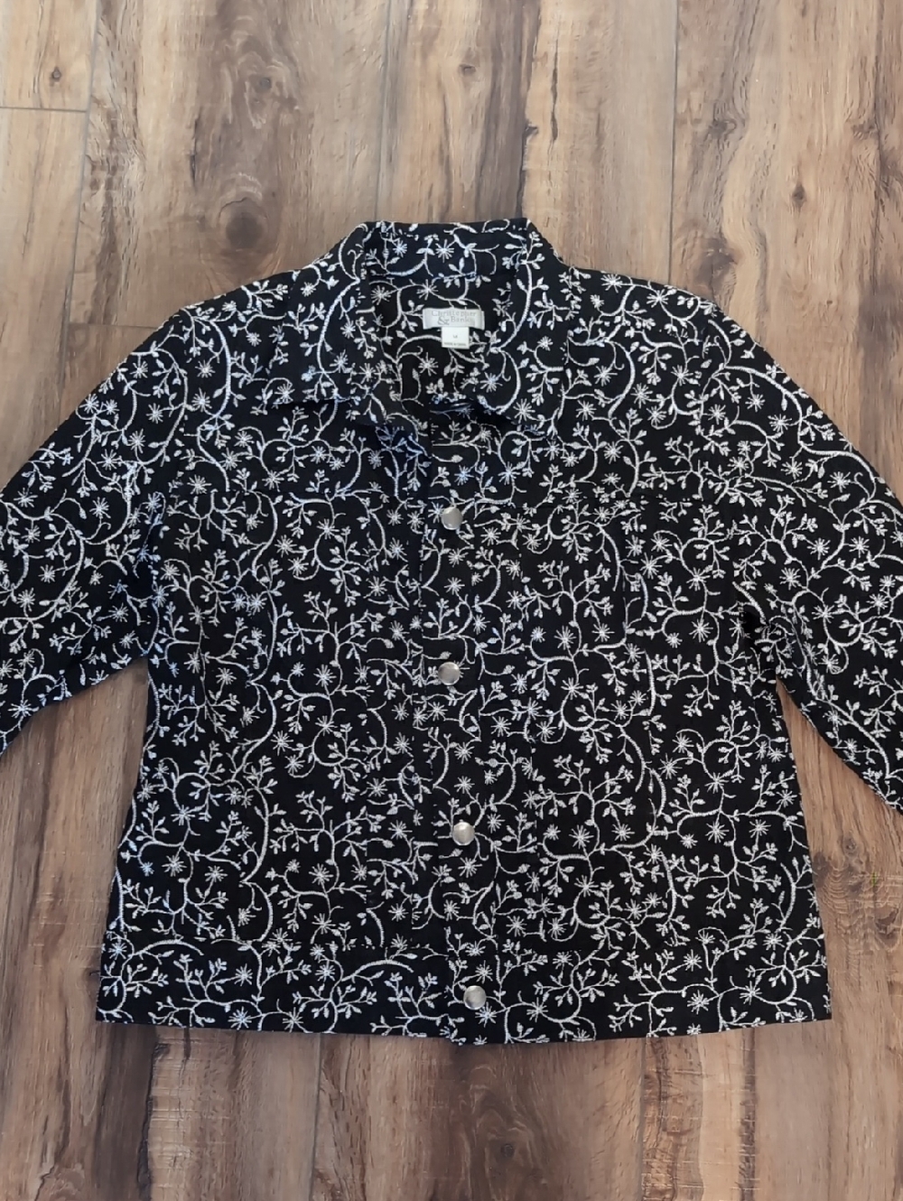 Christopher & Banks Black Jacket with White Floral Embroidery